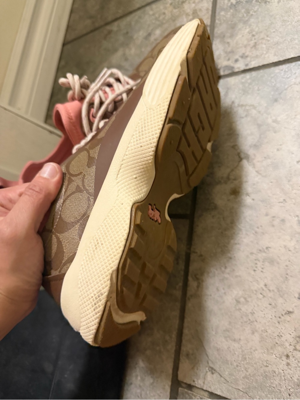 Coach Women Brown Signature Logo Sneakers with Pink Trim - Picture 2 of 3
